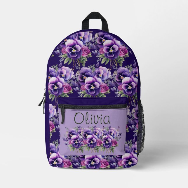 Sac À Dos Imprimé Élégant Pansy Violet Floral  (Recto)