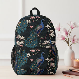 Sac À Dos Imprimé Elégant Peacocks Turquoise & Fleurs Magnolia Noir