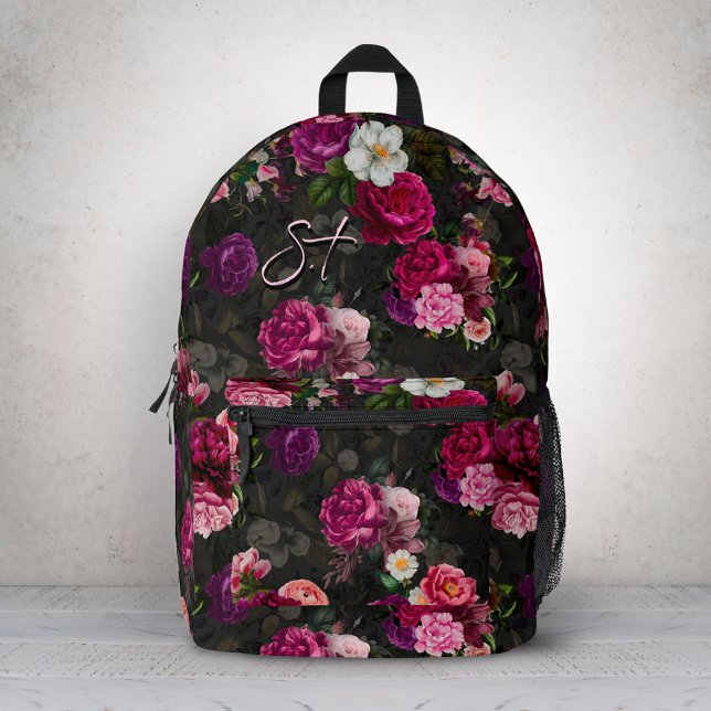 Sac À Dos Imprimé Élégant rose fleurs noir monogramme (Créateur téléchargé)