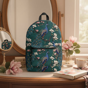 Sac À Dos Imprimé Elégant Turquoise Peacocks & Fleurs Magnolia Vert