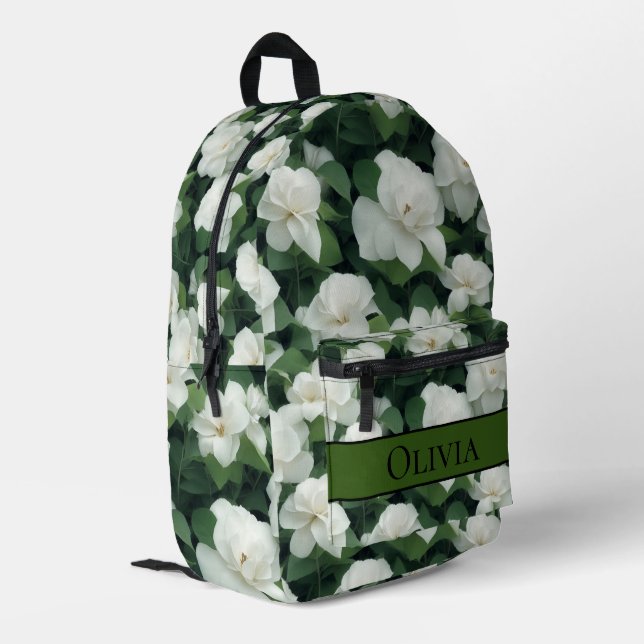Sac À Dos Imprimé Elégant vert botanique blanc floral personnalisé (Coin arrière gauche)