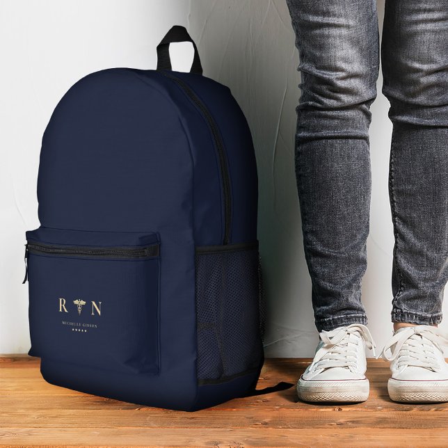 Sac À Dos Imprimé Élégante infirmière inscrite RN Monogram Blue Gold (Stylish Registered Nurse RN Monogram Blue Gold Printed Backpack
)