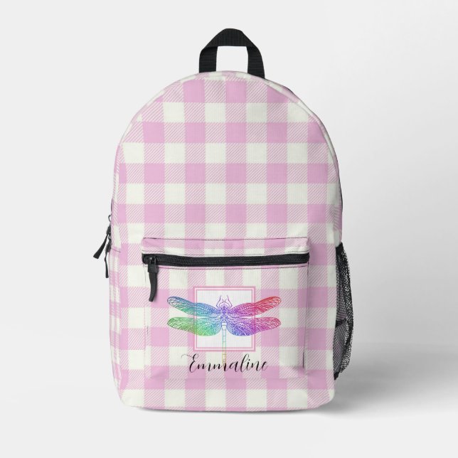 Sac À Dos Imprimé Élégante libellule rose blanc plaid personnalisez (Recto)