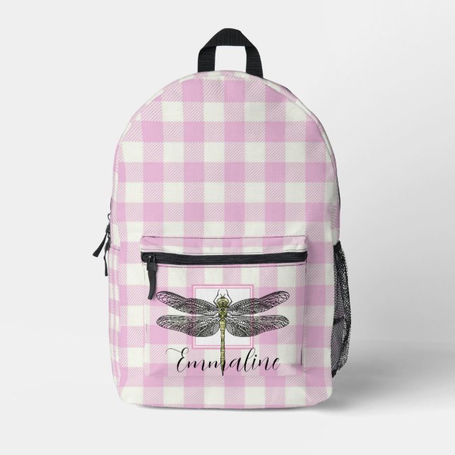Sac À Dos Imprimé Élégante libellule rose blanc plaid personnalisez (Recto)