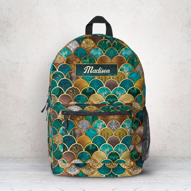 Sac À Dos Imprimé Élégantes écailles de sirène vert turquoise or (Créateur téléchargé)