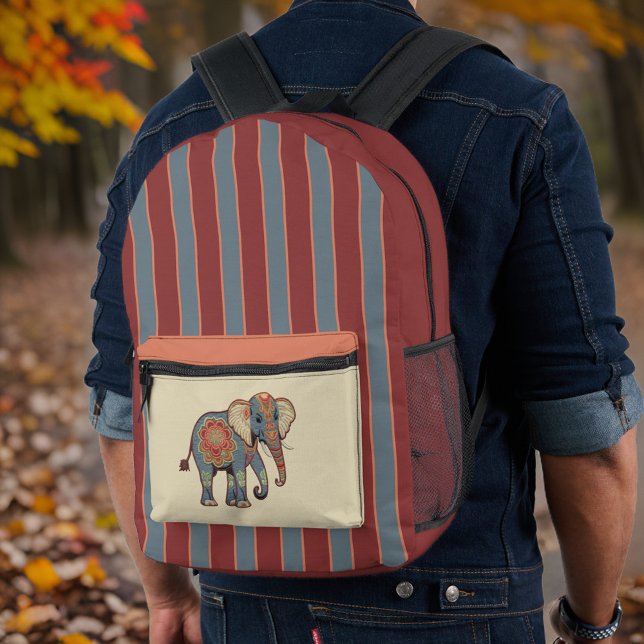 Sac À Dos Imprimé Eléphant et Dusty Blue Red Stripes avec Monogramme (Créateur téléchargé)