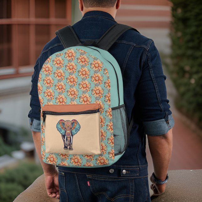 Sac À Dos Imprimé Eléphant Sage Turquoise Peach Floral Monogramme (Créateur téléchargé)