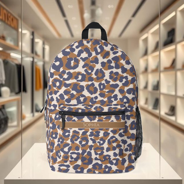 Sac À Dos Imprimé Empreinte de léopard-bleu et Brown (Leopard print backpack-blue and brown-personalized)