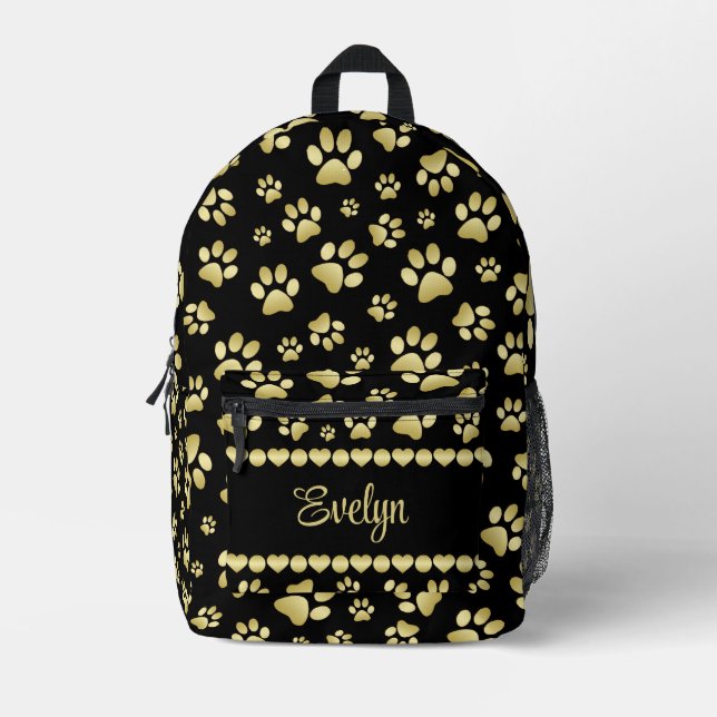Sac À Dos Imprimé Empreintes de Patte Dorées sur Fond Noir avec Nom  (Recto)