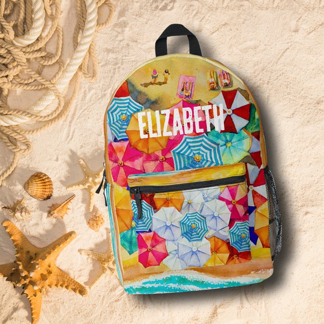 Sac À Dos Imprimé Été à la plage (Summer at the Beach Printed Backpack personalized with your name on the front.)