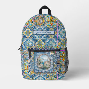 Sac À Dos Imprimé été italie carreaux bleu floral citrus monogramme