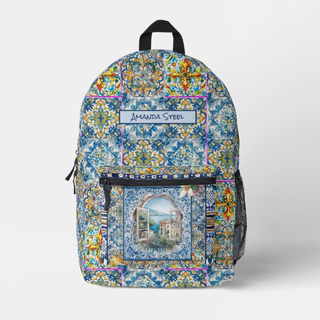Sac À Dos Imprimé été italie carreaux bleu floral citrus monogramme (Recto)