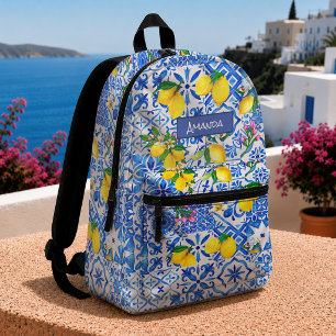 Sac À Dos Imprimé Eté majolica bleu Sicilienne agrumes méditerranéen