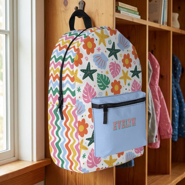 Sac À Dos Imprimé Étoile de mer rétro tropicale et coquillages Plage (Personalized Backpack with Bright and Colorful Beach themed pattern)