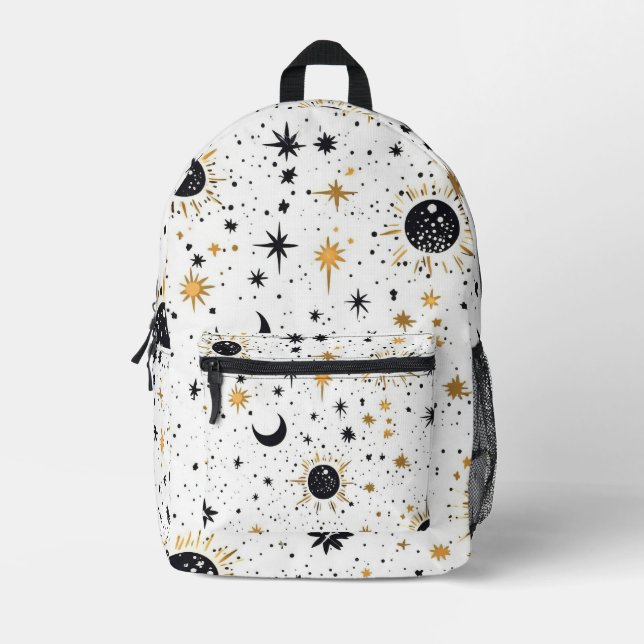 Sac À Dos Imprimé Étoiles célestes de soleil céleste noir et or (Recto)