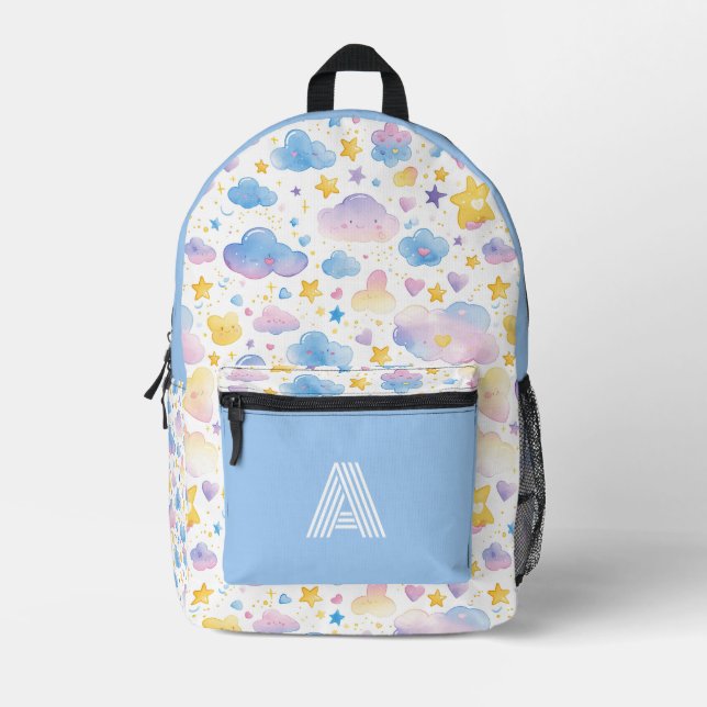 Sac À Dos Imprimé Étoiles Et Nuages Bleus Aquarelle Enfants (Recto)