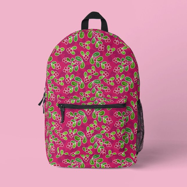 Sac À Dos Imprimé Festif Motif de feuillage de canneberge, Fuchsia (Red Cranberry Pattern Backpack)