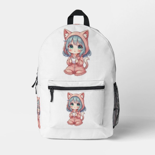 Sac À Dos Imprimé Fille Anime Kawaii Cozy avec Sweat à Capuche Chat  (Recto)