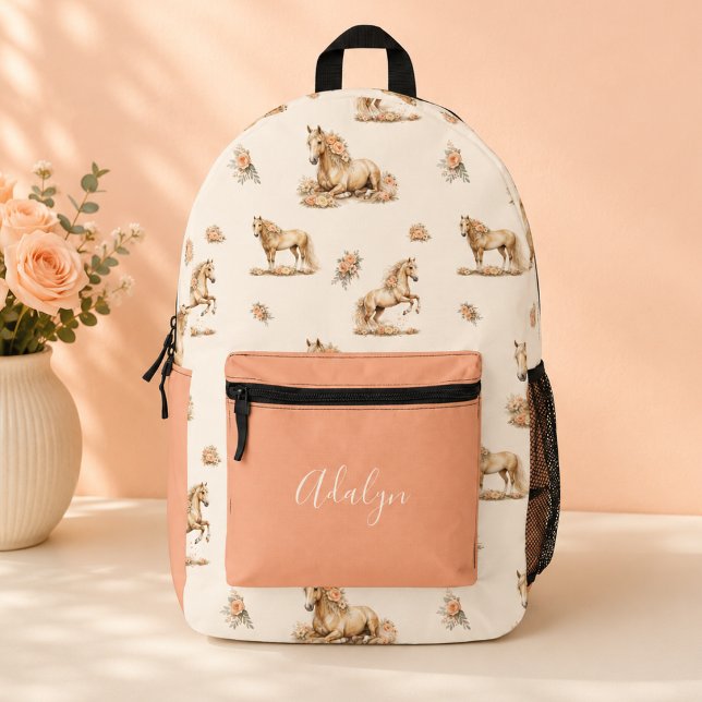 Sac À Dos Imprimé Fille Pêche Rose Cheval Écriture Monogramme (Créateur téléchargé)