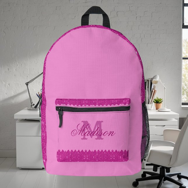 Sac À Dos Imprimé Fille rose parties scintillant zigzag, monogramme (Créateur téléchargé)