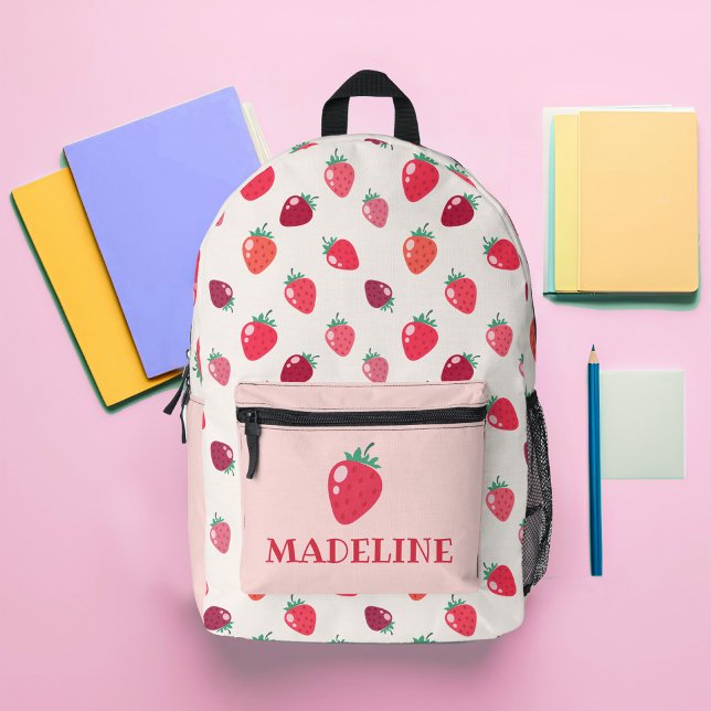 Sac À Dos Imprimé Filles à fraises personnalisées (Custom Girls Strawberry Backpack in Pink, White and Red)