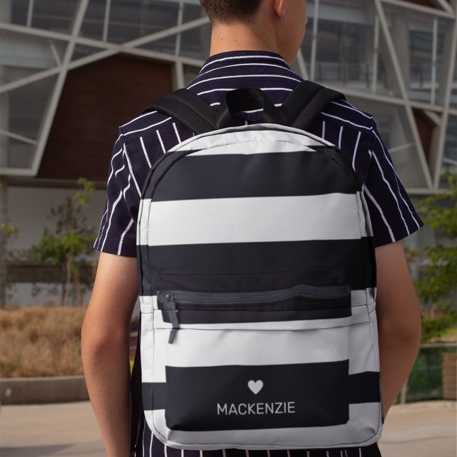Sac À Dos Imprimé Filles Coeurs Noir & Blanc Motif rayé Personnalisé (Créateur téléchargé)