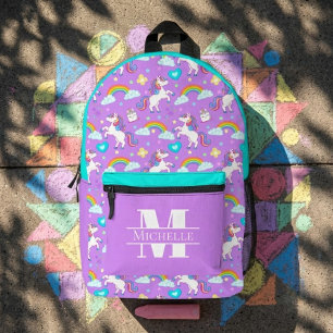 Sac À Dos Imprimé Filles Licornes et Arcs-en-ciel Monogramme Nom