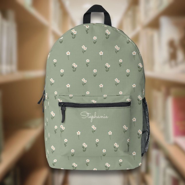 Sac À Dos Imprimé Fleur de Boho Ditzy Vert Sauge Nom (Créateur téléchargé)