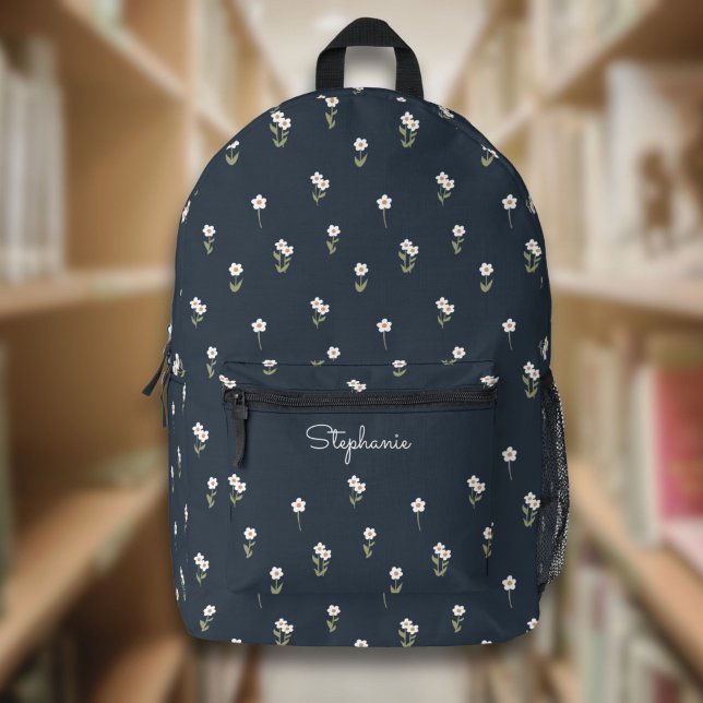 Sac À Dos Imprimé Fleur de Boho Floral Ditsy Foncé Bleu Nom (Créateur téléchargé)