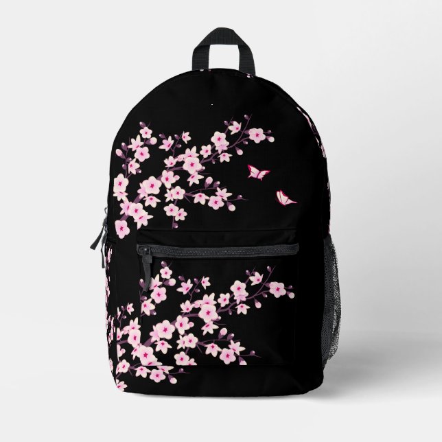 Sac À Dos Imprimé Fleur de cerisier rose noir (Recto)