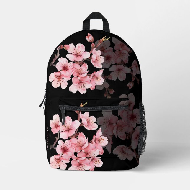 Sac À Dos Imprimé Fleur de cerisier rose noir (Recto)