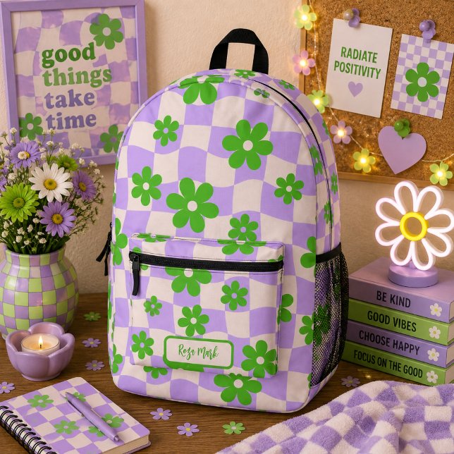Sac À Dos Imprimé Fleur de Daisy Groovy Violet Damier (Créateur téléchargé)