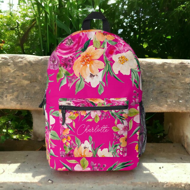 Sac À Dos Imprimé Fleur sauvage brillant nom rose néon (Bright bold wild flowers neon pink name printed backpack)