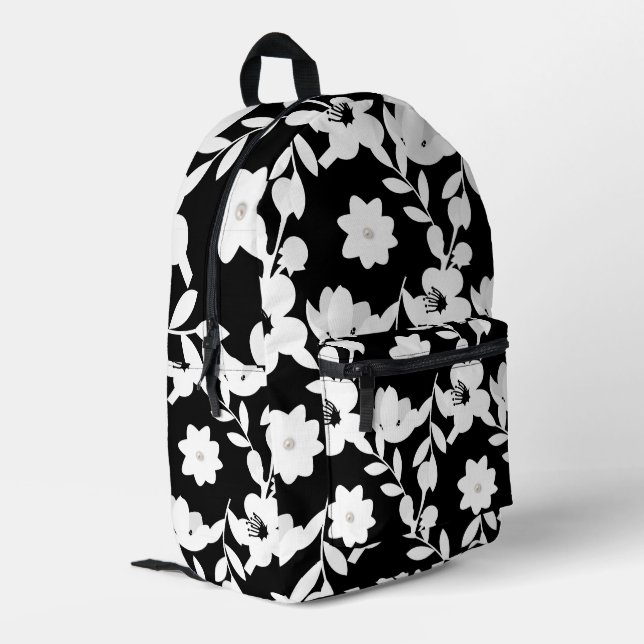 Sac À Dos Imprimé Fleurs blanches avec perles sur noir (Coin arrière gauche)