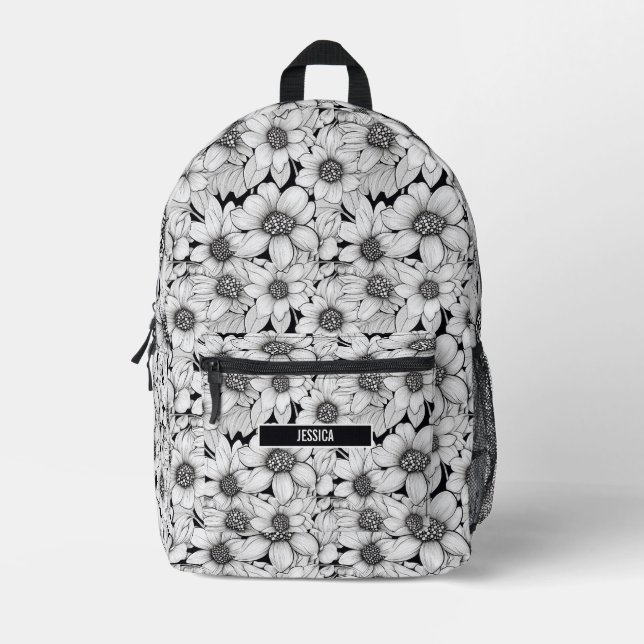 Sac À Dos Imprimé Fleurs blanches noires Nom du monogramme floral (Recto)