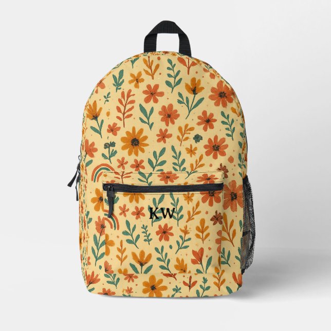 Sac À Dos Imprimé Fleurs bohèmes personnalisées avec initiales (Recto)