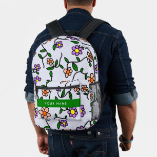 Sac À Dos Imprimé Fleurs Colorées, Fond Bleu, Vert
