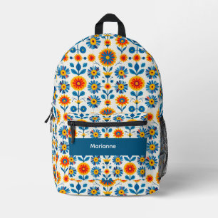 Sac À Dos Imprimé Fleurs d'art populaire bleu et or