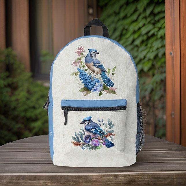Sac À Dos Imprimé Fleurs de Jays Bleus et Initiales de Monogrammes o (Créateur téléchargé)