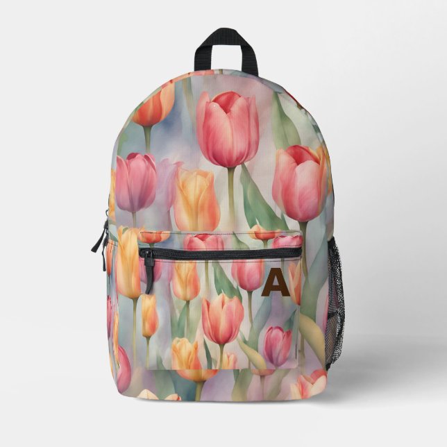 Sac À Dos Imprimé Fleurs de tulipe d'aquarelle initiale personnalisé (Recto)