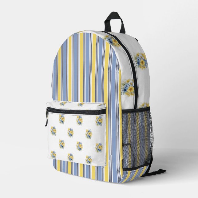 SAC À DOS IMPRIMÉ FLEURS ET STRIPES BLEUS ET JAUNES PETITS (Coin arrière droit)