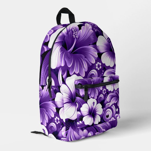 Sac À Dos Imprimé Fleurs hawaïennes tropicales Hibiscus Motif violet (Coin arrière gauche)