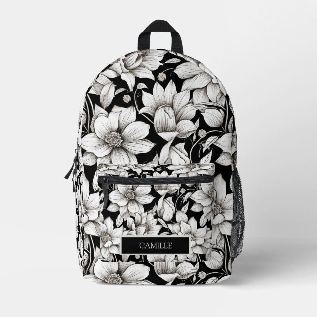 Sac À Dos Imprimé Fleurs Noir Blanc Monogramme Nom Camp École (Recto)