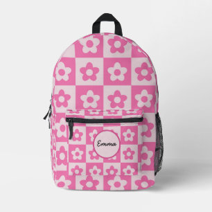 Sac À Dos Imprimé Fleurs Rétro à Carreaux Rose et Blanc Personnalisé