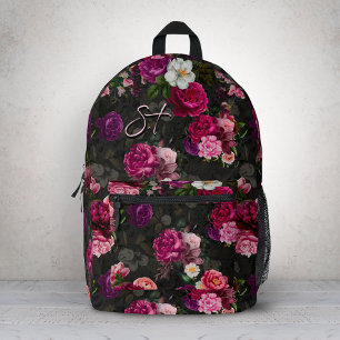 Sac À Dos Imprimé Fleurs roses élégantes Monogramme noir