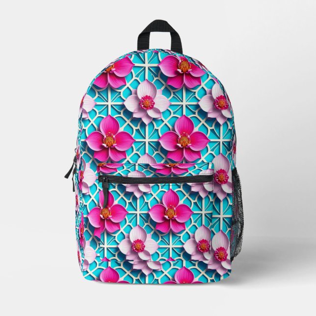 Sac À Dos Imprimé Fleurs roses sur fond bleu géométrique (Recto)