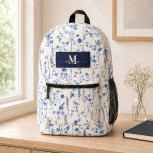 Sac À Dos Imprimé Fleurs sauvages aquarelle bleu marine Monogramme N