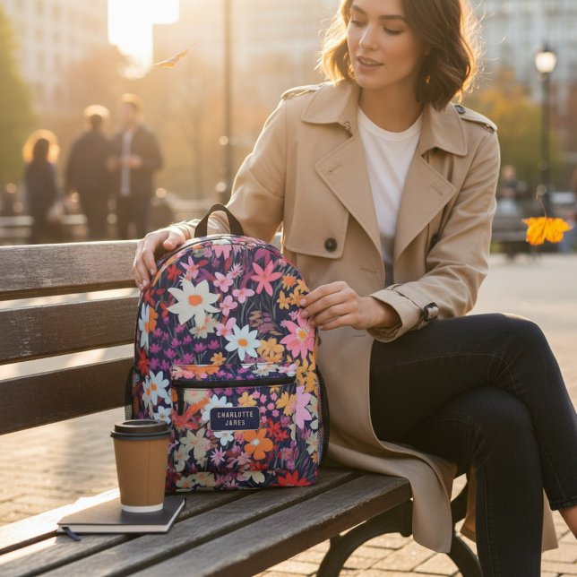 Sac À Dos Imprimé Fleurs sauvages modernes colorées Nom personnalisé (Créateur téléchargé)