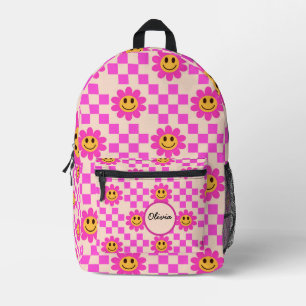 Sac À Dos Imprimé Fleurs Souriantes Rose Clair à Carreaux Nom Person