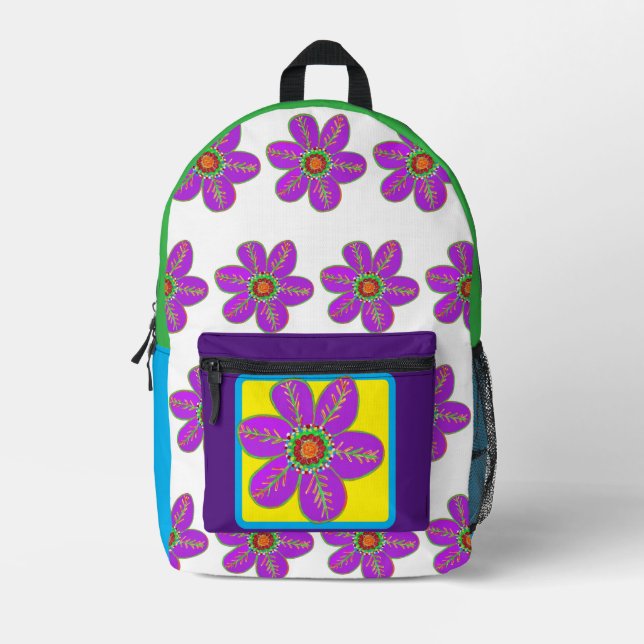 Sac À Dos Imprimé Fleurs Vertes Violettes (Recto)